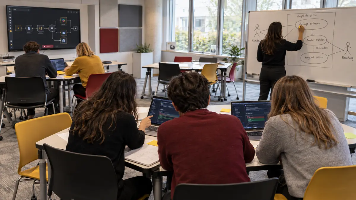 Kursgruppe arbeitet an Laptops, eine Kursleiterin zeichnet ein Ablaufdiagramm an das Whiteboard