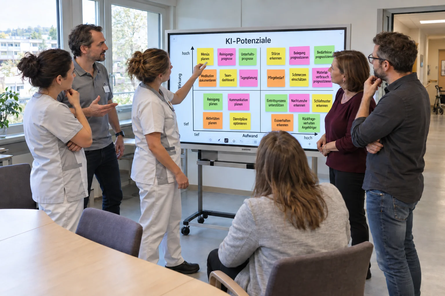 Ein Pflegeteam bewertet KI-Potenziale auf einem Bildschirm nach Wirkung und Aufwand