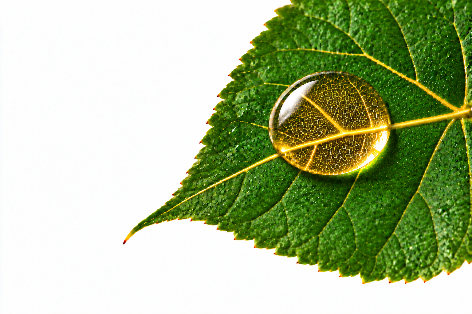 Wassertropfen auf einem grünen Blatt, Blattadern im Tropfen gespiegelt